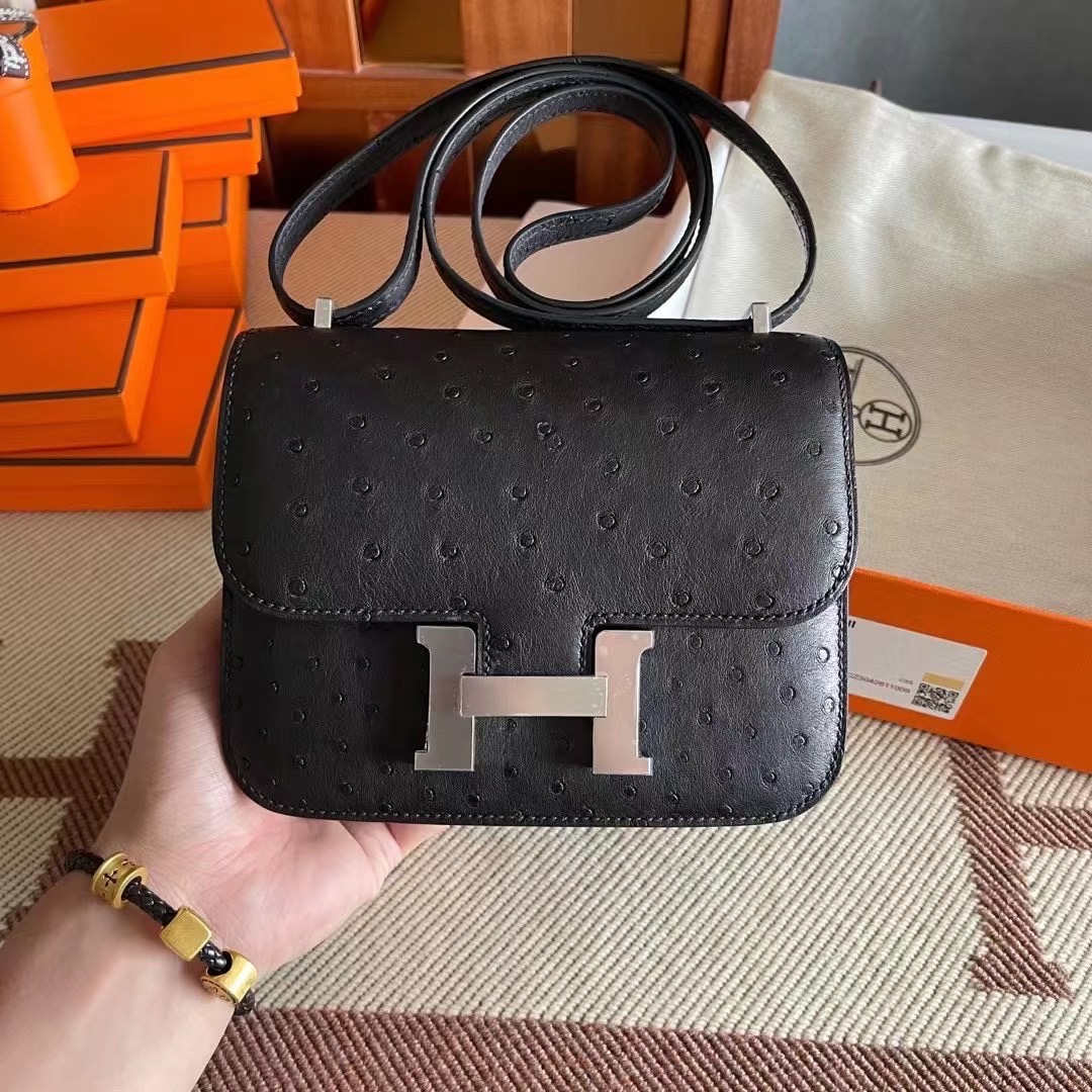 Qatar Doha HM Constance 18cm Ostrich 89 Noir 黑色 Phw