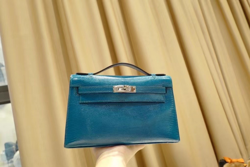 Qatar HM Pochette VIP一级品 kl 一代 蜥蜴皮 1P Blue Colvert 鸭子蓝/银扣 手工缝制 臻品鉴赏