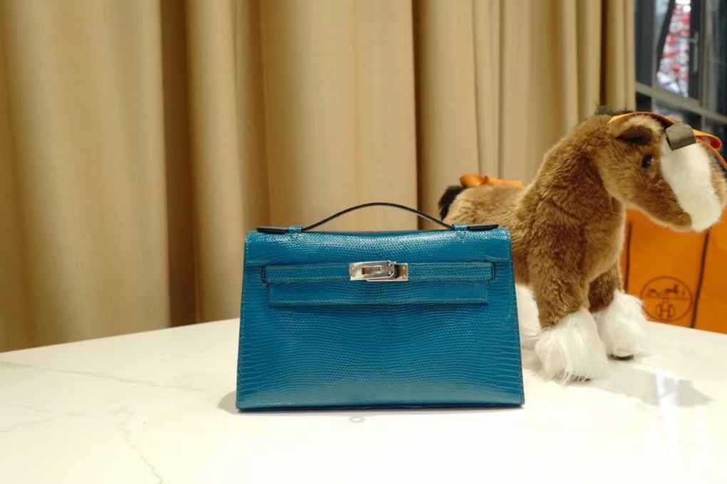 Qatar HM Pochette VIP一级品 kl 一代 蜥蜴皮 1P Blue Colvert 鸭子蓝/银扣 手工缝制 臻品鉴赏