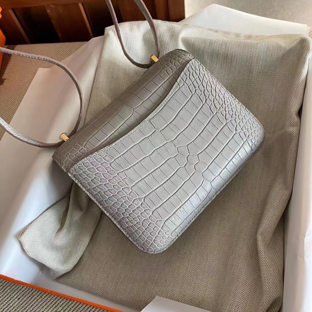 Dubai HM Constans 19 雾面美洲鳄 80珍珠灰 金 Gris Perle