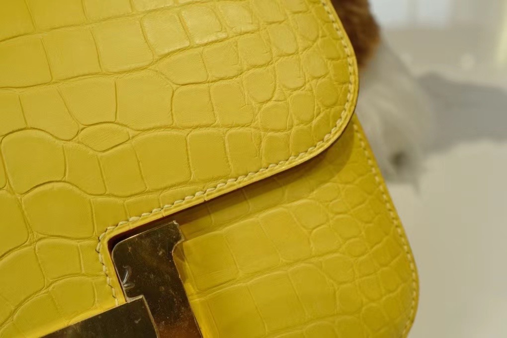 Hongkong HM Constance 19cm 雾面方块鳄鱼  9O jaune de naples那不勒斯黄/金扣