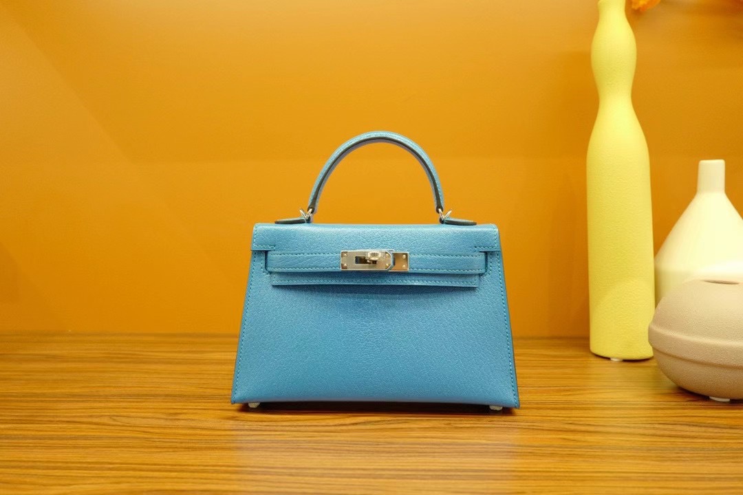 VIP一级品 HM Mini kl 二代 Chevre 山羊皮 0F Bleu frida 弗里达兰/银扣