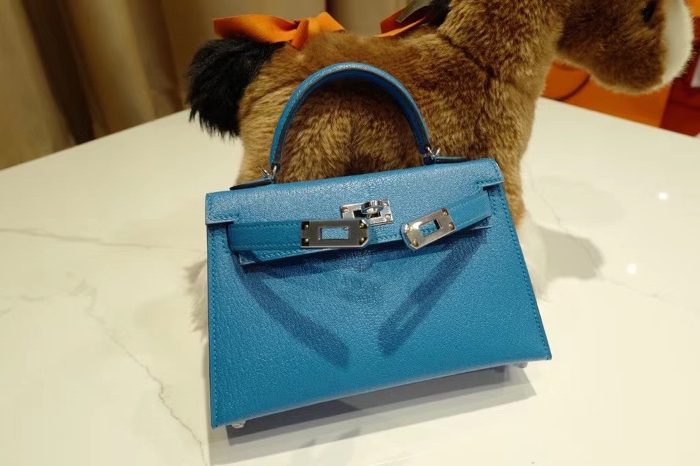VIP一级品 HM Mini kl 二代 Chevre 山羊皮 0F Bleu frida 弗里达兰/银扣