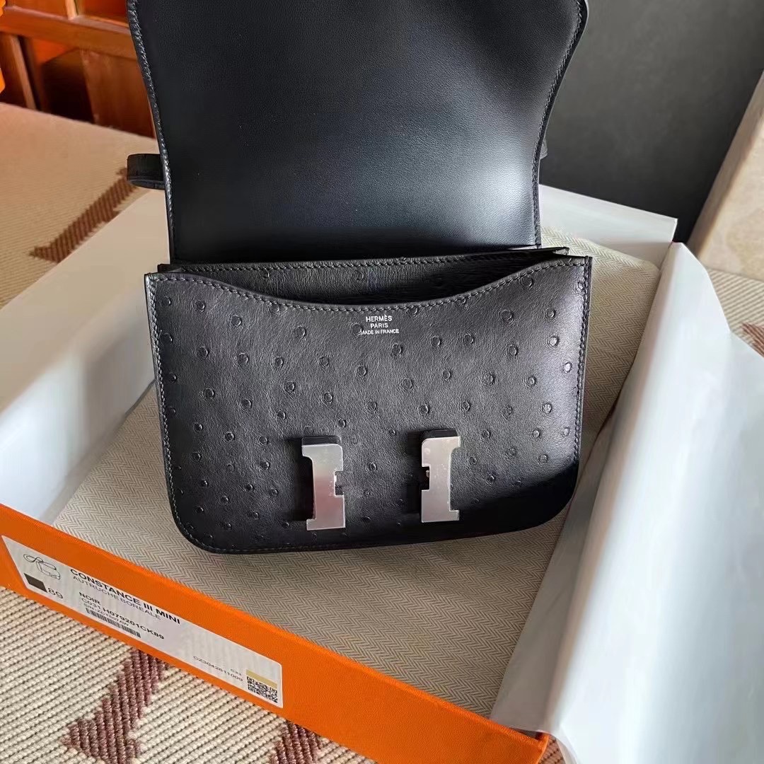 Qatar Doha HM Constance 18cm Ostrich 89 Noir 黑色 Phw