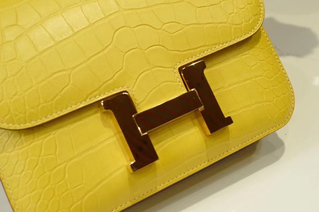 Hongkong HM Constance 19cm 雾面方块鳄鱼  9O jaune de naples那不勒斯黄/金扣