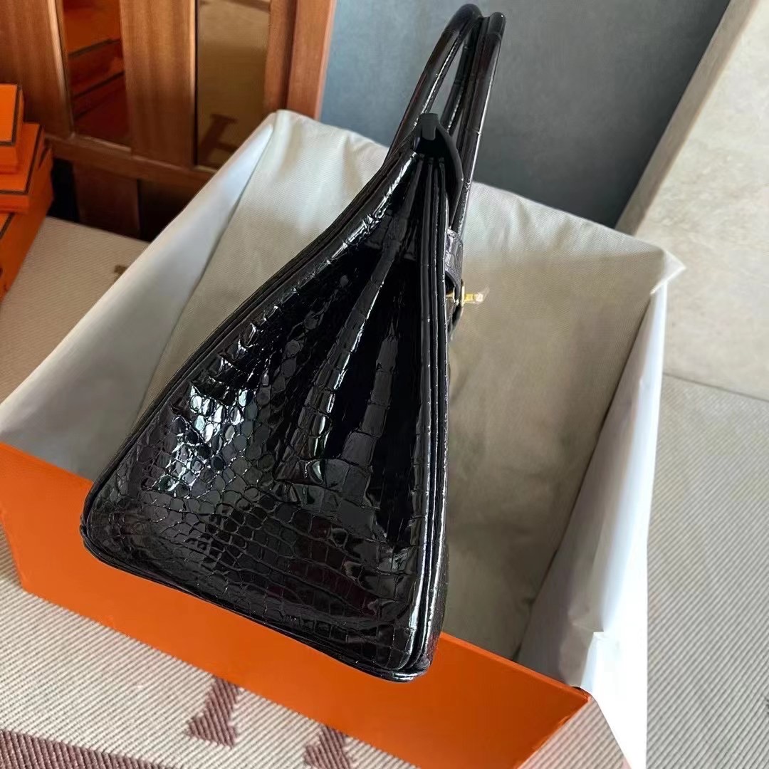 Singapore HM BK 30cm Crocodile Porosus 外缝 亮面倒V 澳洲湾鳄 89 黑色 Noir 金扣