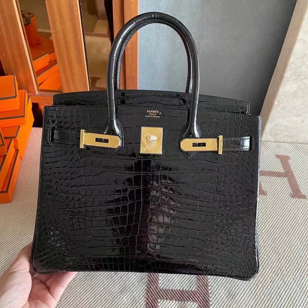 Singapore HM BK 30cm Crocodile Porosus 外缝 亮面倒V 澳洲湾鳄 89 黑色 Noir 金扣