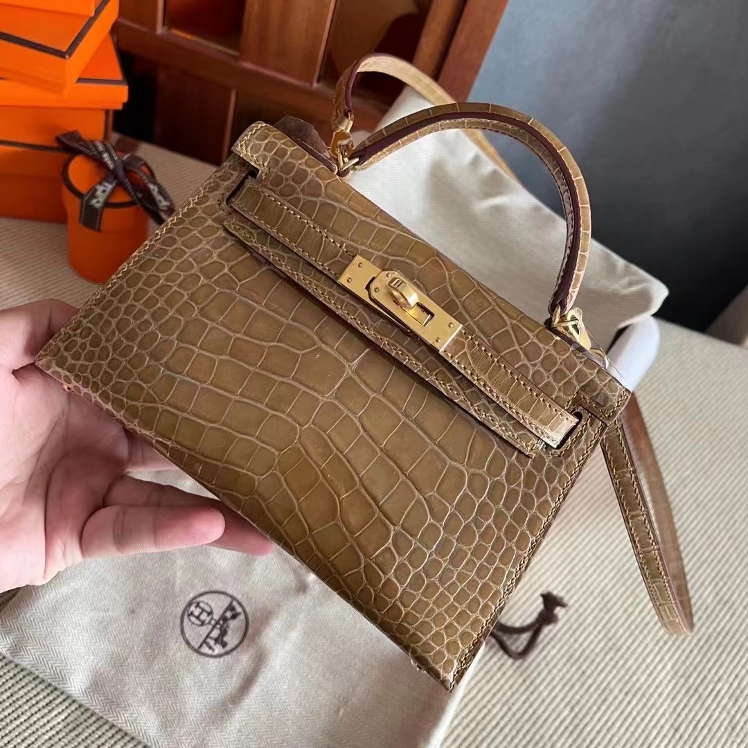 HM Mini KL Shiny alligator crocodile 1i Beige 1i裸沙色/银扣