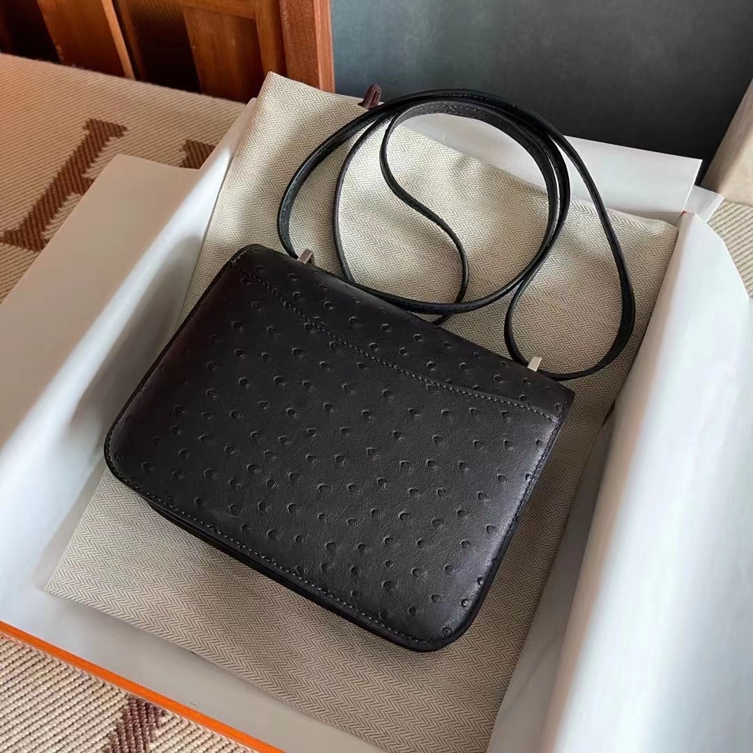 Qatar Doha HM Constance 18cm Ostrich 89 Noir 黑色 Phw