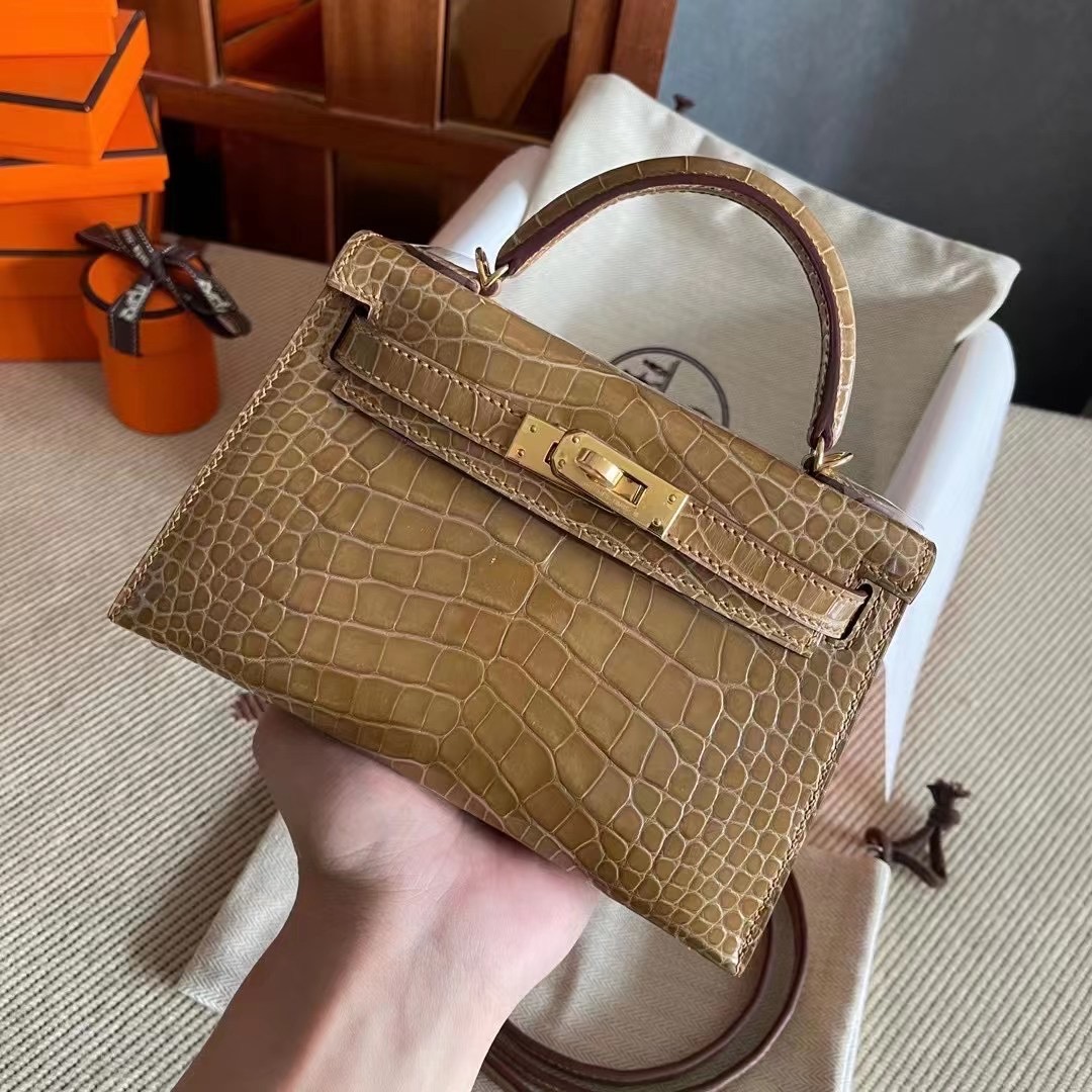 HM Mini KL Shiny alligator crocodile 1i Beige 1i裸沙色/银扣