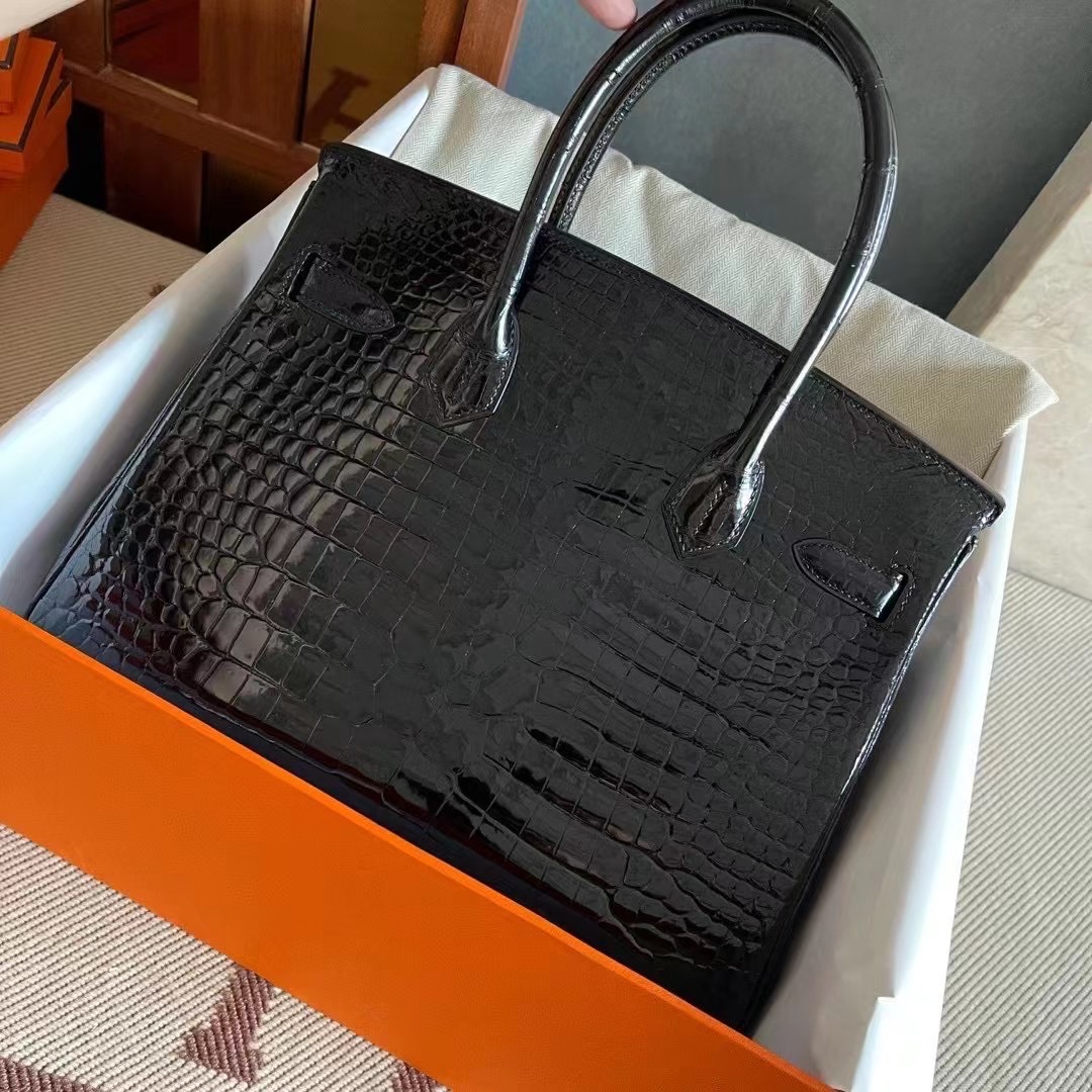 Singapore HM BK 30cm Crocodile Porosus 外缝 亮面倒V 澳洲湾鳄 89 黑色 Noir 金扣