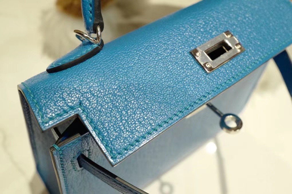 VIP一级品 HM Mini kl 二代 Chevre 山羊皮 0F Bleu frida 弗里达兰/银扣