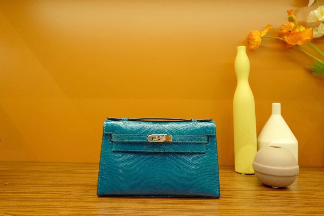 Qatar HM Pochette VIP一级品 kl 一代 蜥蜴皮 1P Blue Colvert 鸭子蓝/银扣 手工缝制 臻品鉴赏
