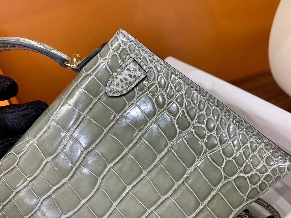 VIP一级品 Mini kl19cm 美洲鳄Alligator  CK81 Gris tourterelle斑鸠灰/金扣  手工缝制 臻品鉴赏