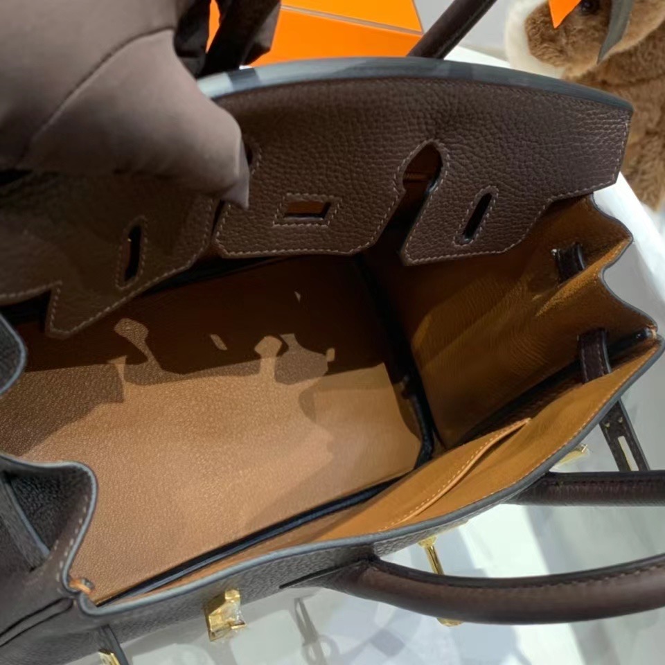 VIP一级品： BK 25cm togo  46乌木色内拼焦糖色/金扣 手工缝制 臻品鉴赏
