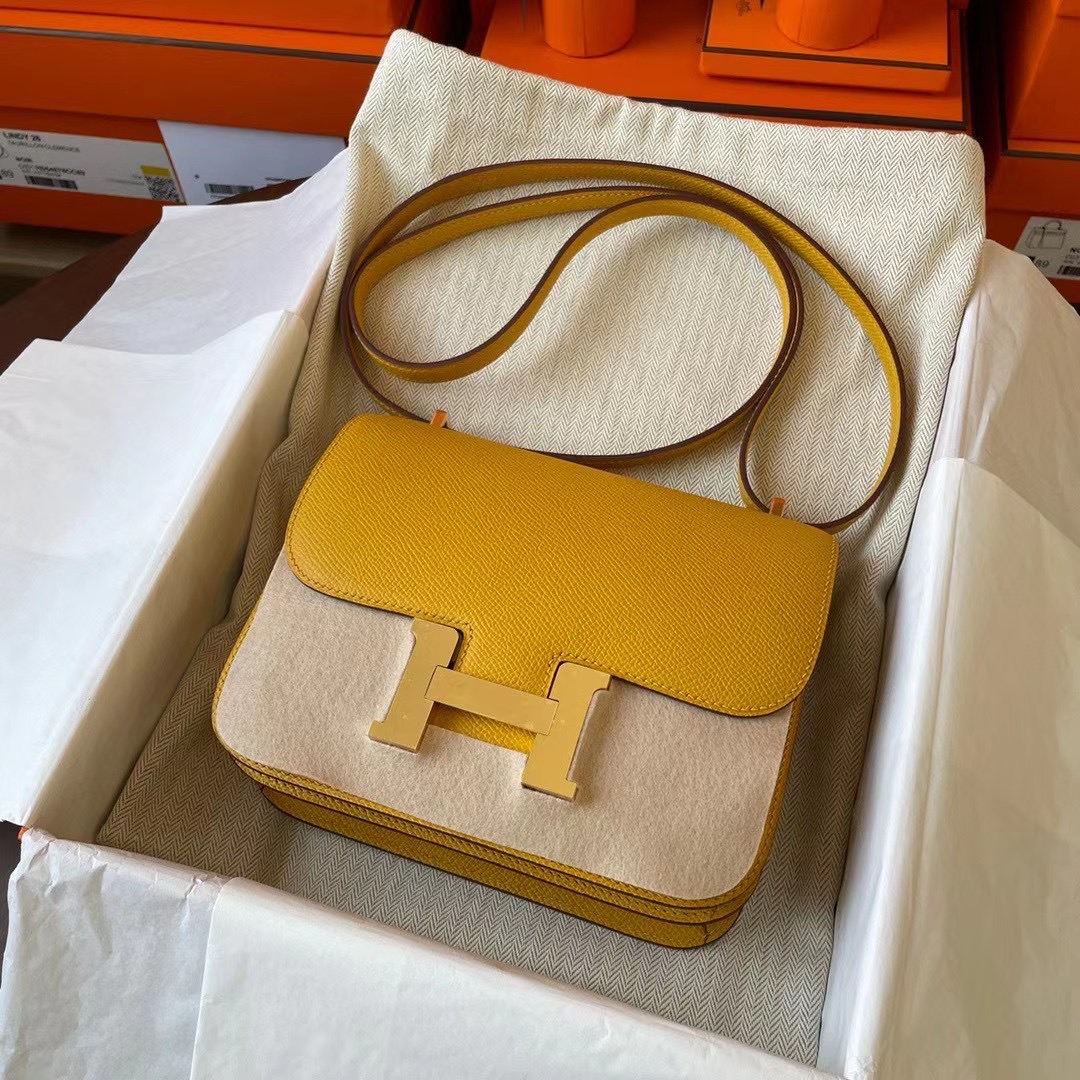 Qatar HM Constance mini 19cm Epsom皮 9D Amber 琥珀黄 Gold Hw 金扣