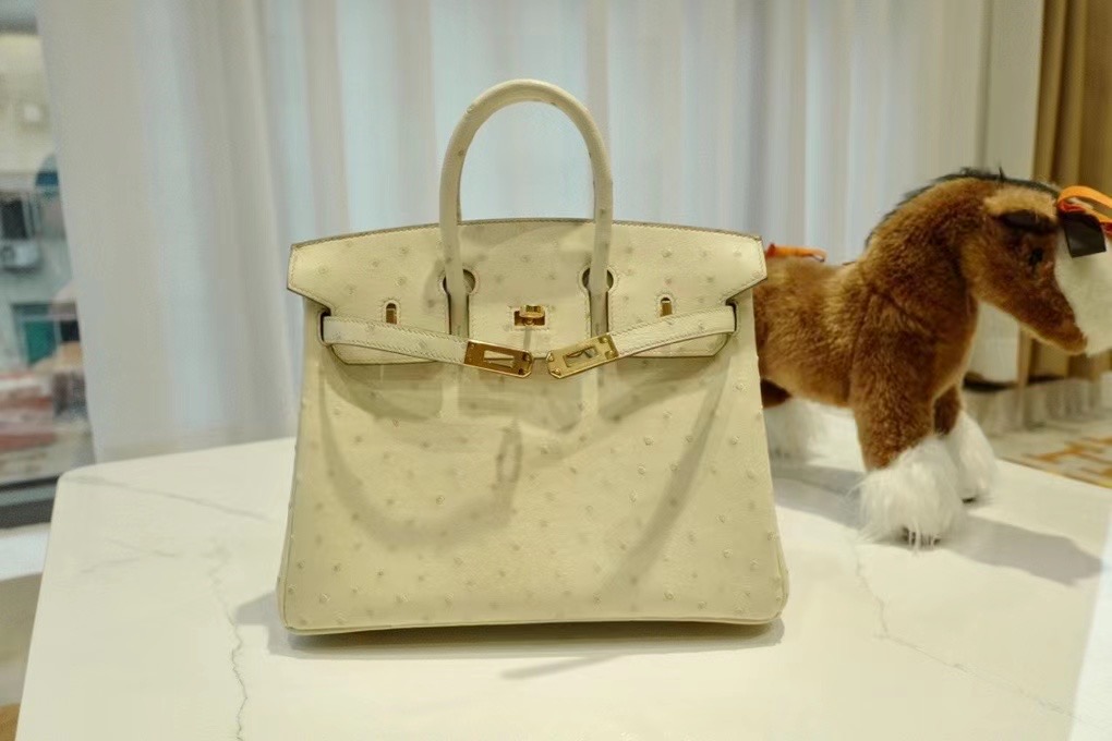 VIP一级品： BK 25cm 南非kk鸵鸟  冰川白/金扣 手工缝制 臻品鉴赏