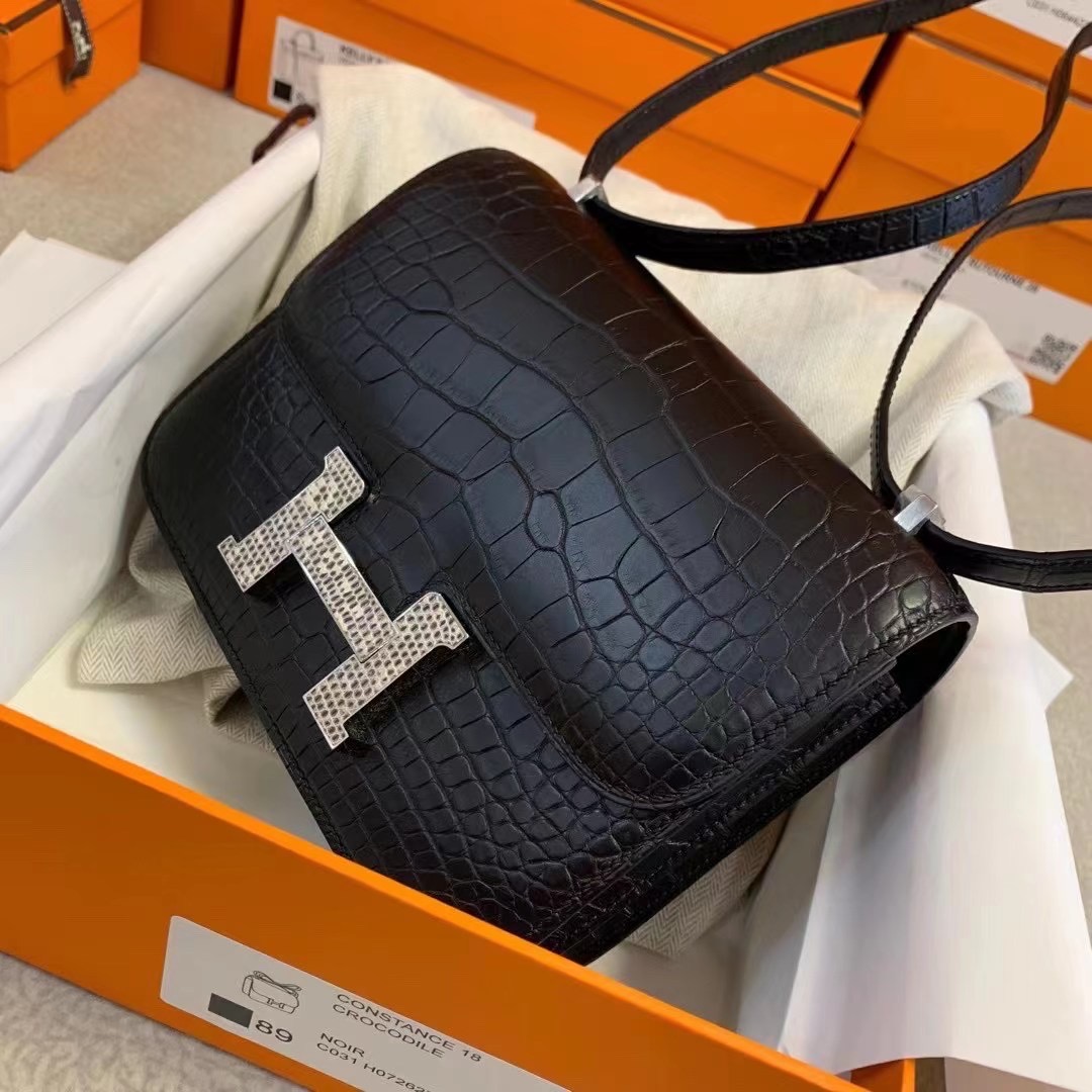 Dubai HM Constance 19cm 89 Noir Matte Alligator Crocodile 配蜥蜴扣