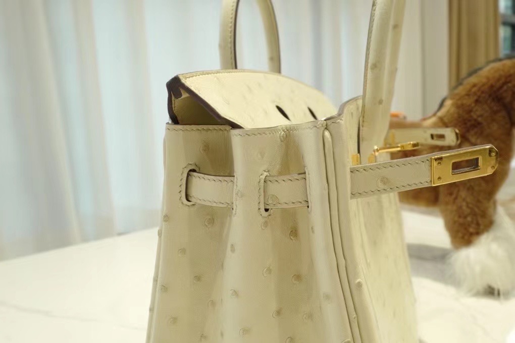 VIP一级品： BK 25cm 南非kk鸵鸟  冰川白/金扣 手工缝制 臻品鉴赏