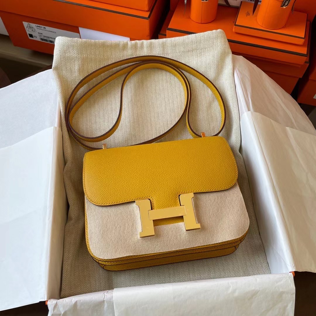 Qatar HM Constance mini 19cm Epsom皮 9D Amber 琥珀黄 Gold Hw 金扣