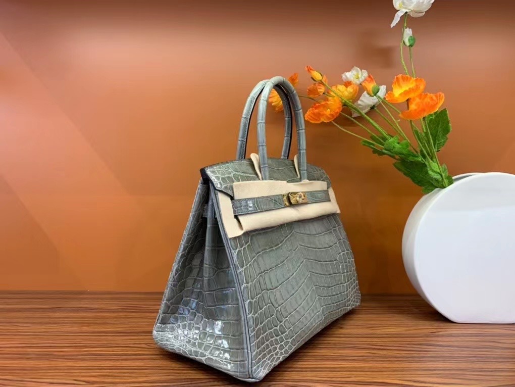 VIP一级品： BK 30cm 尼罗鳄Niloticus Crocodile CK81 Gris tourterelle斑鸠灰/金扣  手工缝制 臻品鉴赏