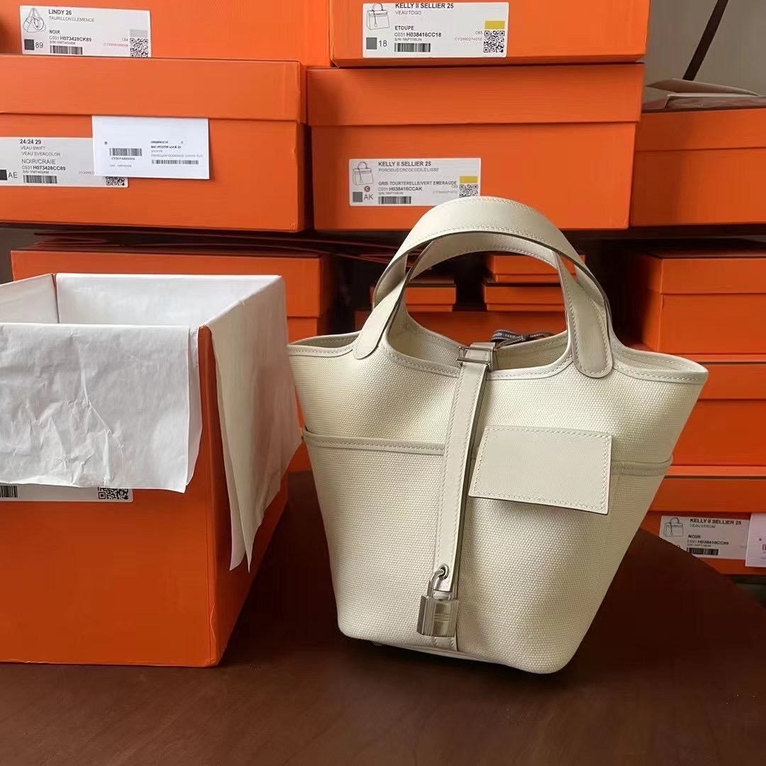 Picotin cargo 18 帆布拼Swift 奶昔白 银扣