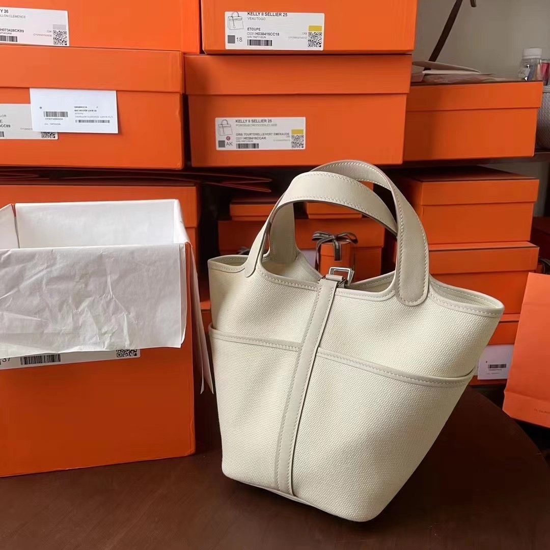 Picotin cargo 18 帆布拼Swift 奶昔白 银扣