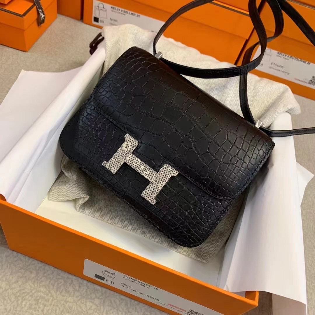 Dubai HM Constance 19cm 89 Noir Matte Alligator Crocodile 配蜥蜴扣
