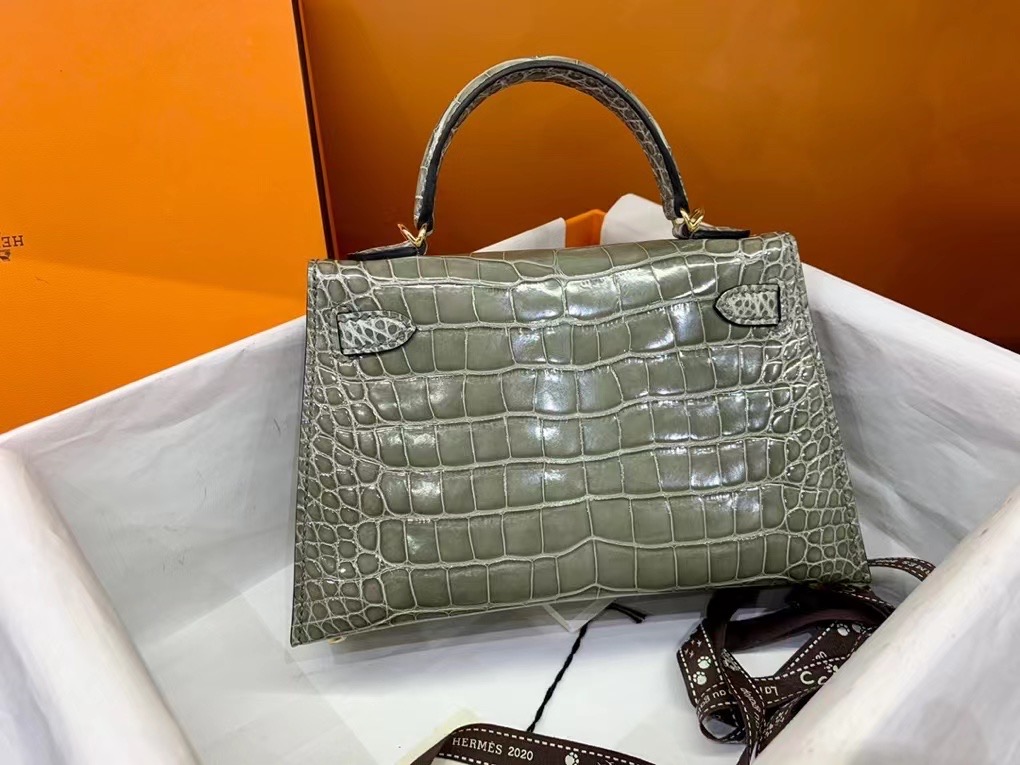 VIP一级品 Mini kl19cm 美洲鳄Alligator  CK81 Gris tourterelle斑鸠灰/金扣  手工缝制 臻品鉴赏