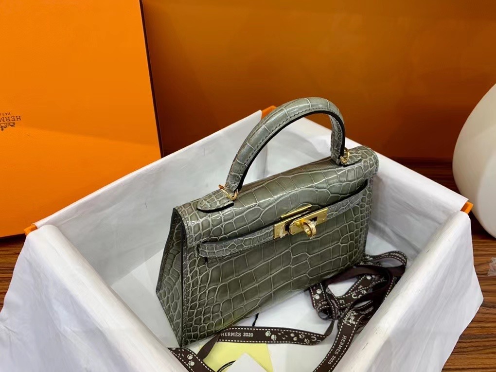 VIP一级品 Mini kl19cm 美洲鳄Alligator  CK81 Gris tourterelle斑鸠灰/金扣  手工缝制 臻品鉴赏