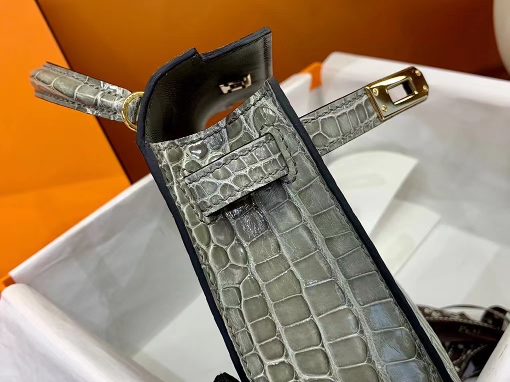 VIP一级品 Mini kl19cm 美洲鳄Alligator  CK81 Gris tourterelle斑鸠灰/金扣  手工缝制 臻品鉴赏