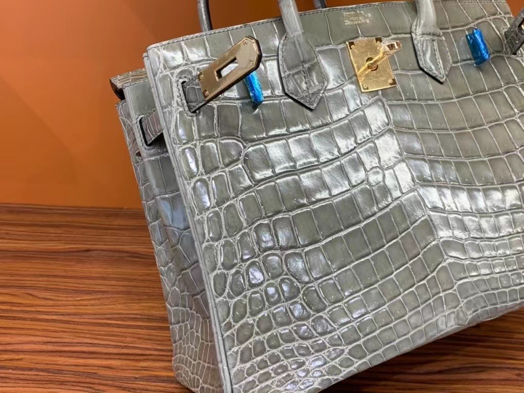 VIP一级品： BK 30cm 尼罗鳄Niloticus Crocodile CK81 Gris tourterelle斑鸠灰/金扣  手工缝制 臻品鉴赏