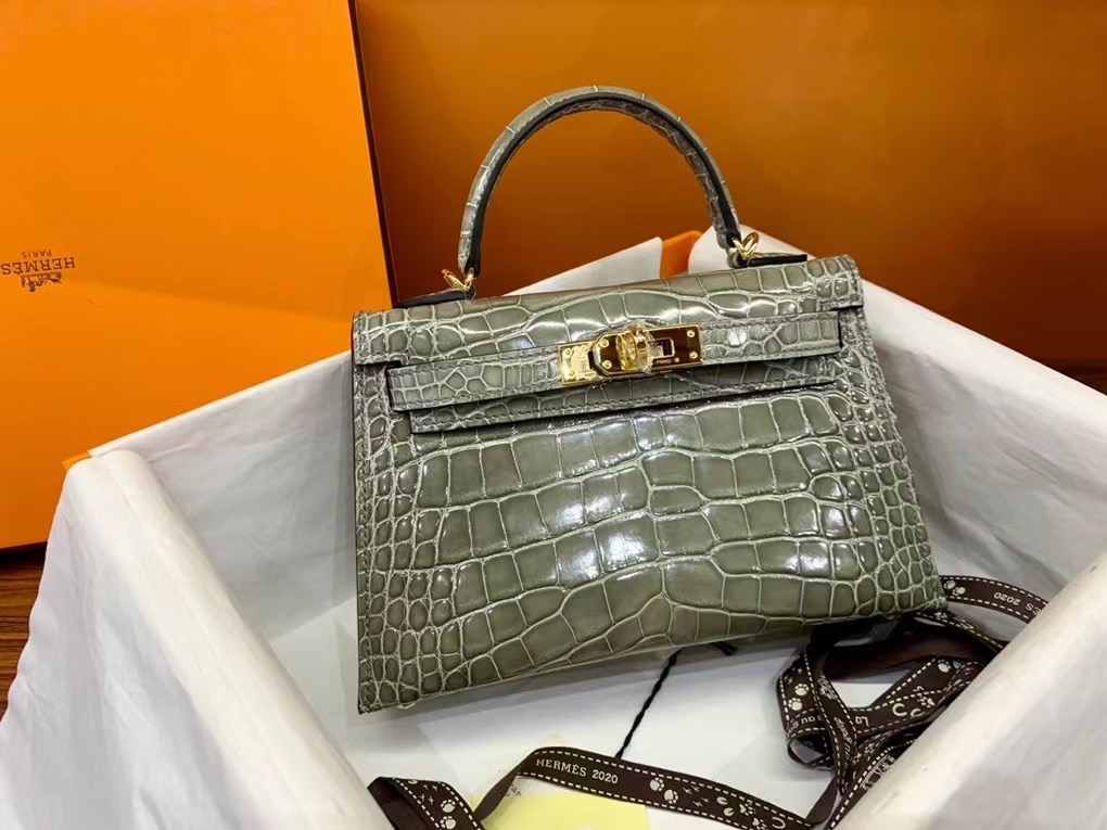 VIP一级品 Mini kl19cm 美洲鳄Alligator  CK81 Gris tourterelle斑鸠灰/金扣  手工缝制 臻品鉴赏