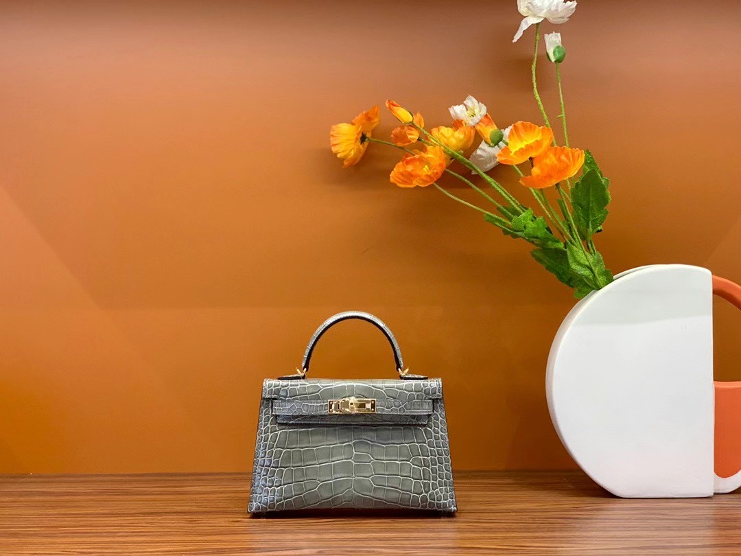 VIP一级品 Mini kl19cm 美洲鳄Alligator  CK81 Gris tourterelle斑鸠灰/金扣  手工缝制 臻品鉴赏