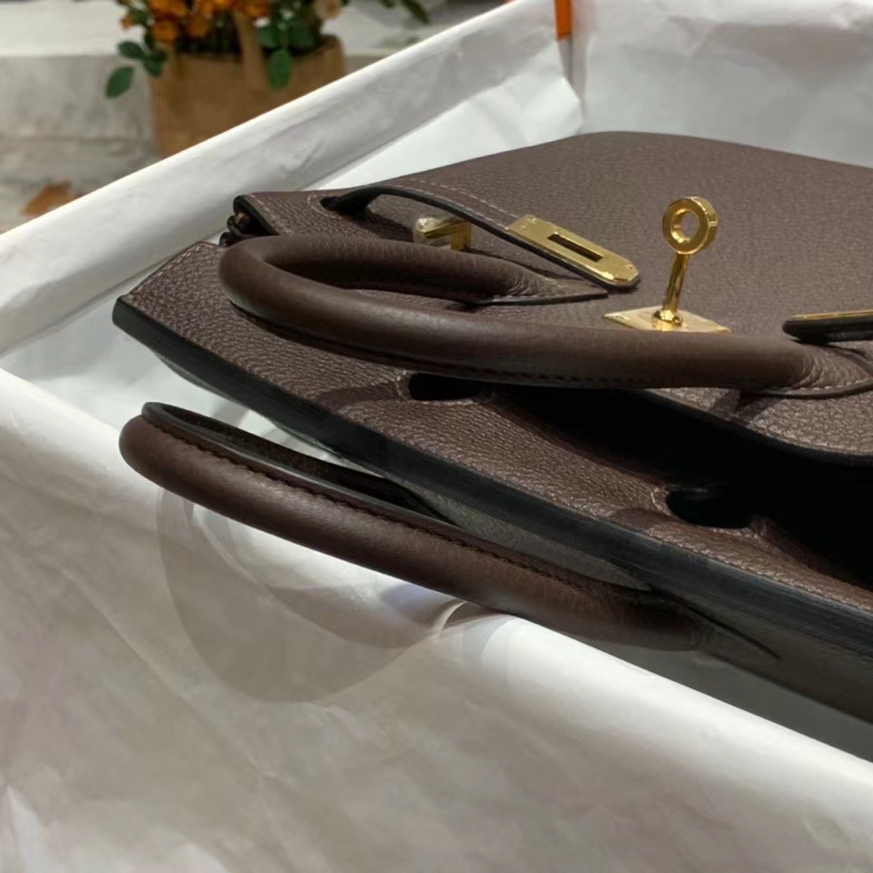 VIP一级品： BK 25cm togo  46乌木色内拼焦糖色/金扣 手工缝制 臻品鉴赏