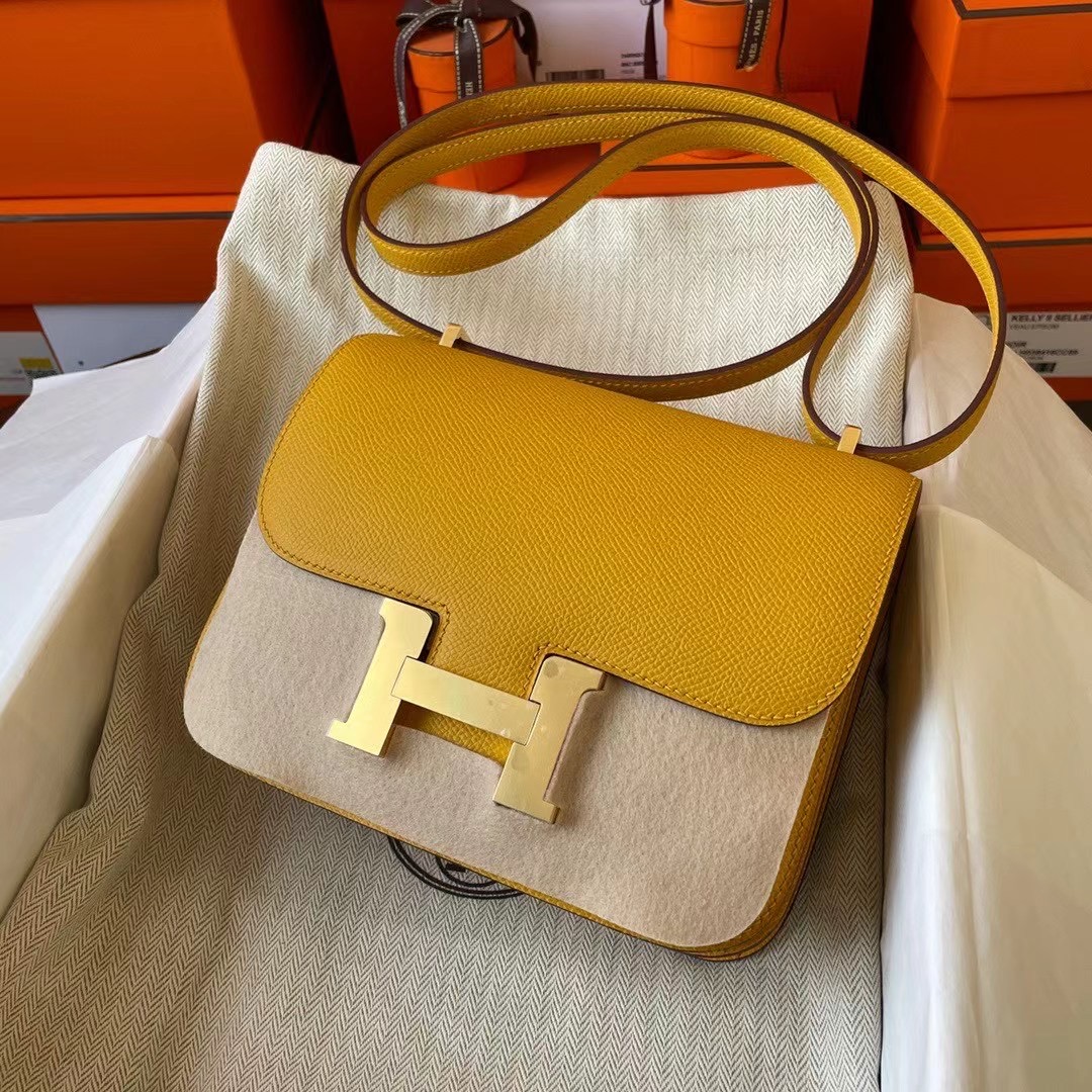 Qatar HM Constance mini 19cm Epsom皮 9D Amber 琥珀黄 Gold Hw 金扣
