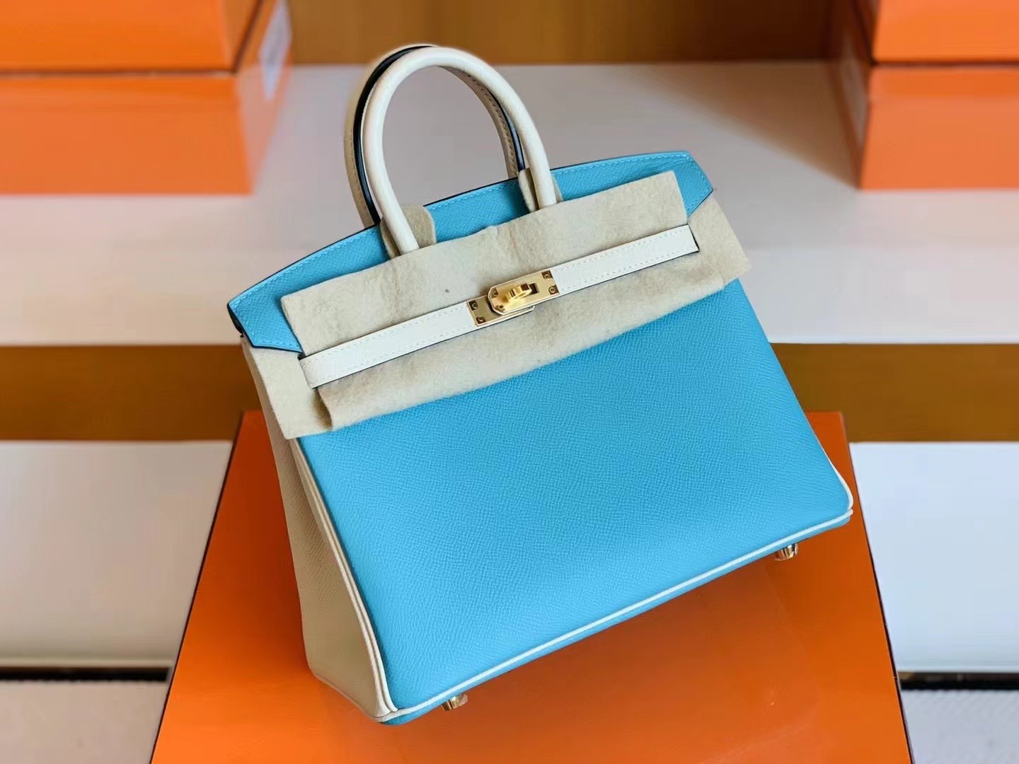 Hong Kong Hermès BK 25cm 7N Blue 糖果蓝 10 Craie  奶昔白 Epsom