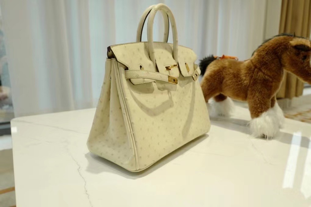 VIP一级品： BK 25cm 南非kk鸵鸟  冰川白/金扣 手工缝制 臻品鉴赏
