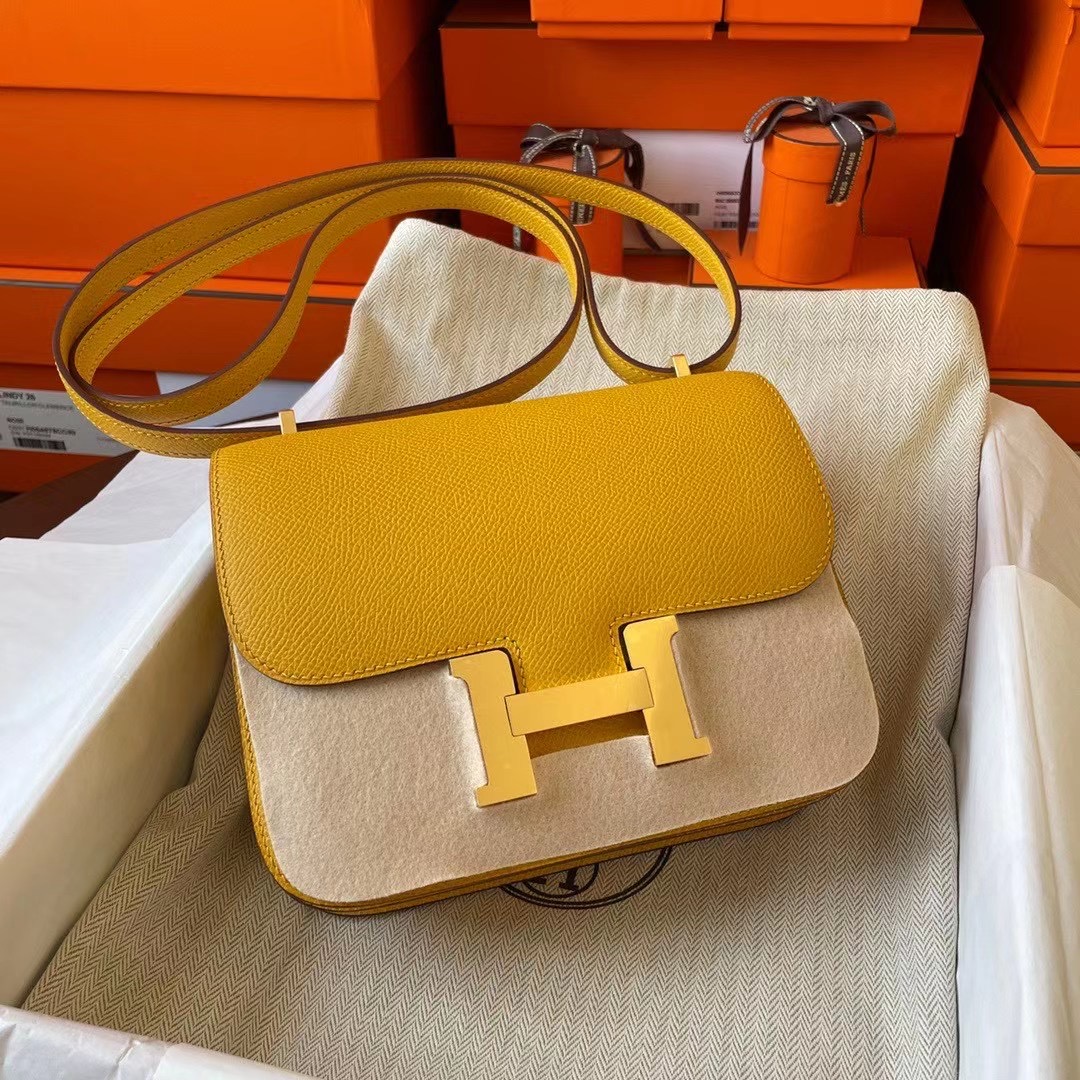 Qatar HM Constance mini 19cm Epsom皮 9D Amber 琥珀黄 Gold Hw 金扣