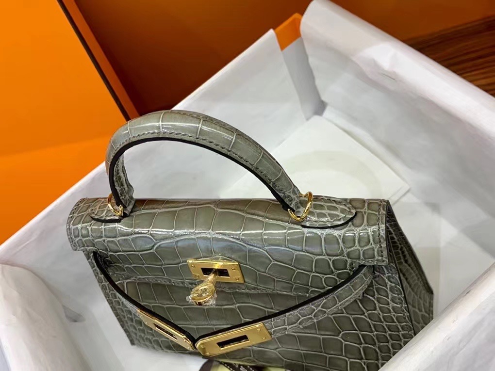 VIP一级品 Mini kl19cm 美洲鳄Alligator  CK81 Gris tourterelle斑鸠灰/金扣  手工缝制 臻品鉴赏