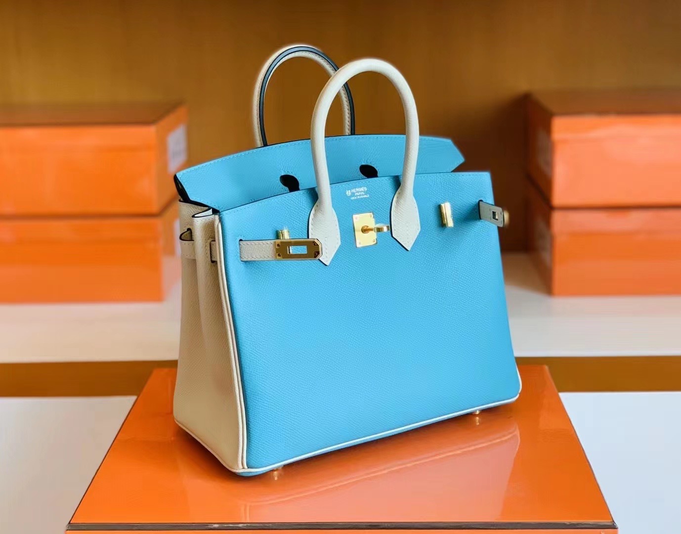 Hong Kong Hermès BK 25cm 7N Blue 糖果蓝 10 Craie  奶昔白 Epsom