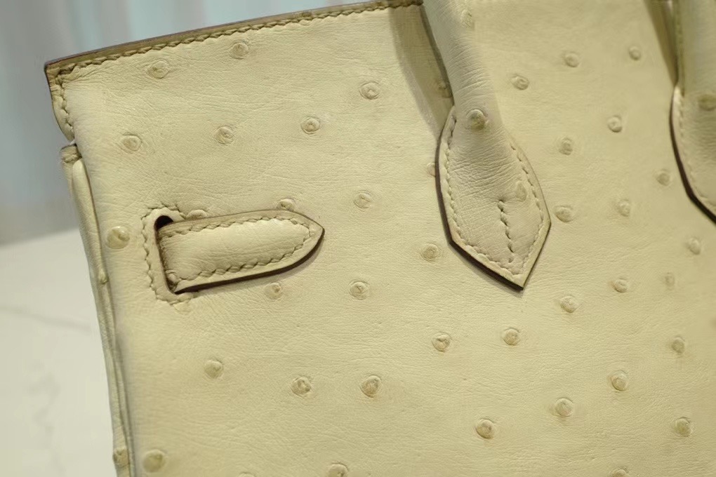 VIP一级品： BK 25cm 南非kk鸵鸟  冰川白/金扣 手工缝制 臻品鉴赏