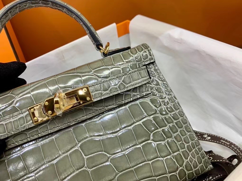 VIP一级品 Mini kl19cm 美洲鳄Alligator  CK81 Gris tourterelle斑鸠灰/金扣  手工缝制 臻品鉴赏