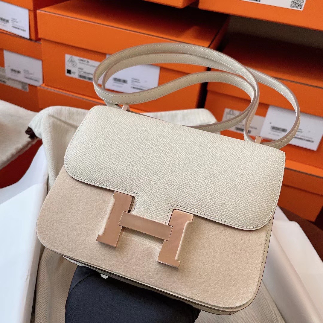 Kuwait HM Constance Mini 19cm Epsom皮 10 Craie 奶昔白 Rose Hardware 玫瑰金扣