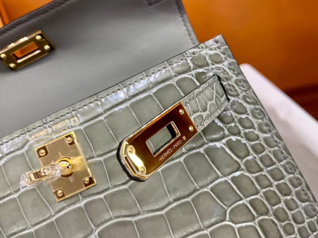 VIP一级品 Mini kl19cm 美洲鳄Alligator  CK81 Gris tourterelle斑鸠灰/金扣  手工缝制 臻品鉴赏
