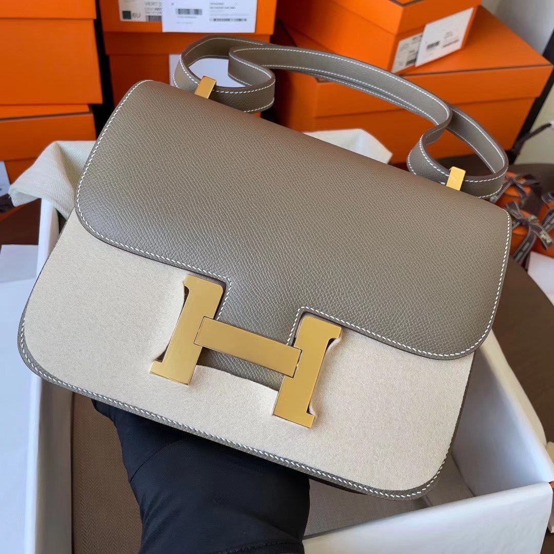 Qatar HM Constance 24cm Epsom皮 18 Etoupe 大象灰 金扣