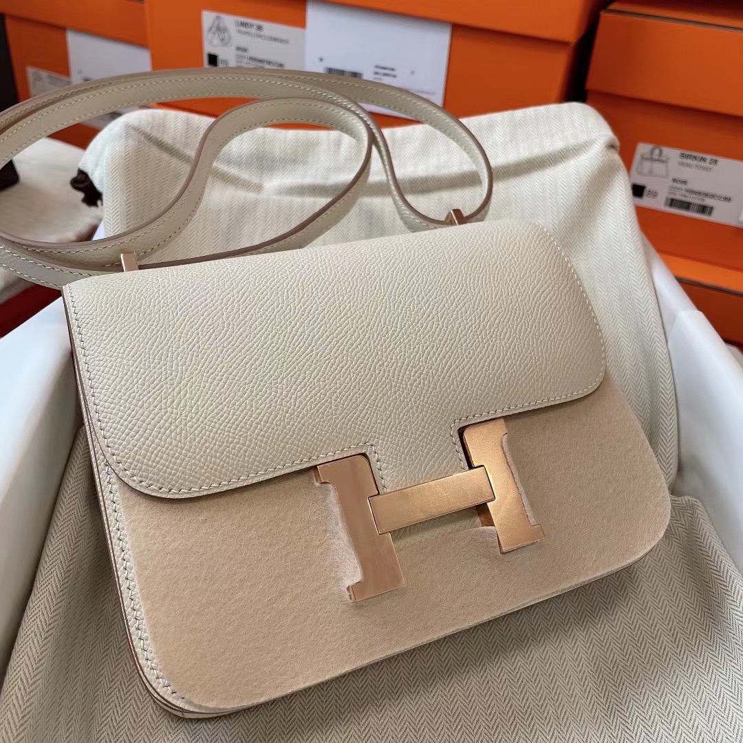 Kuwait HM Constance Mini 19cm Epsom皮 10 Craie 奶昔白 Rose Hardware 玫瑰金扣