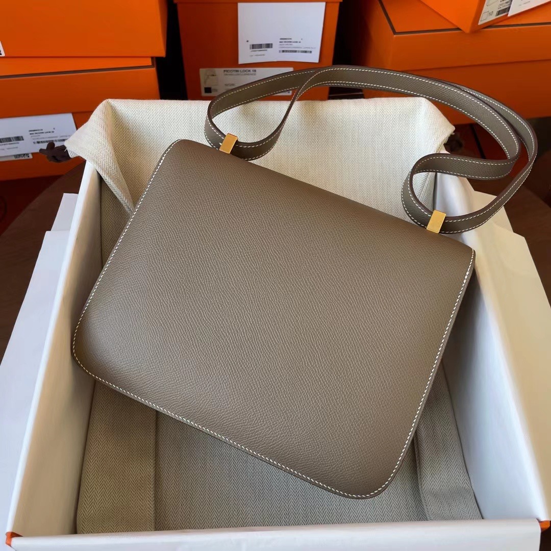 Qatar HM Constance 24cm Epsom皮 18 Etoupe 大象灰 金扣