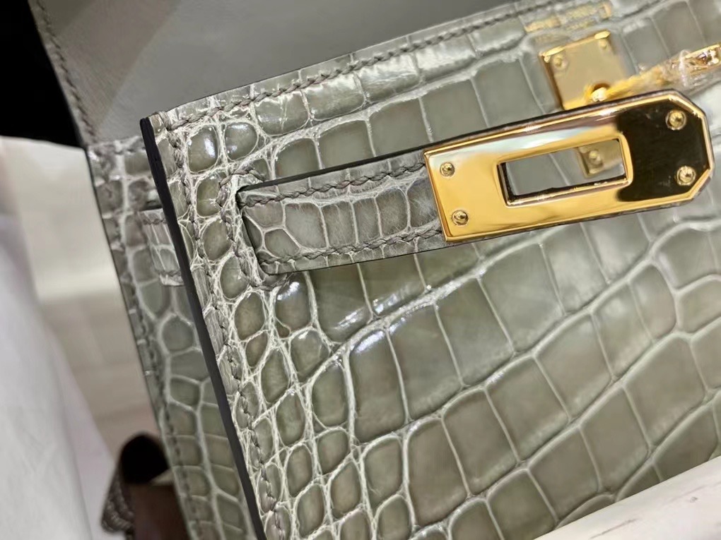 VIP一级品 Mini kl19cm 美洲鳄Alligator  CK81 Gris tourterelle斑鸠灰/金扣  手工缝制 臻品鉴赏