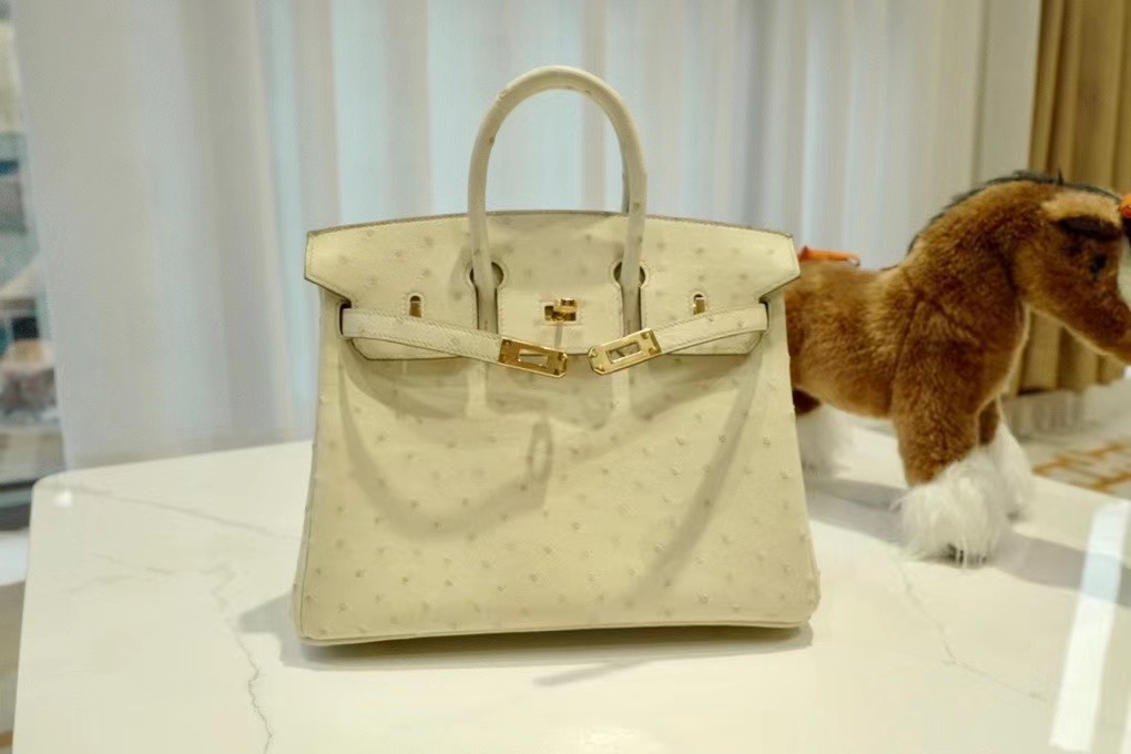 VIP一级品： BK 25cm 南非kk鸵鸟  冰川白/金扣 手工缝制 臻品鉴赏
